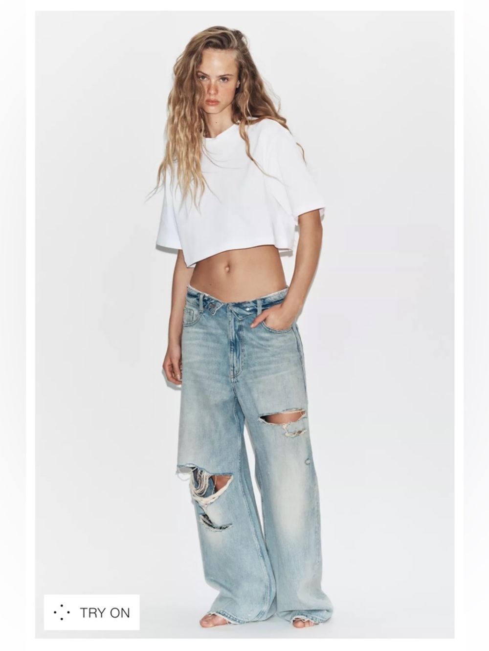 Zara TRF FOLDED WAIST MID-RISE JEANS
